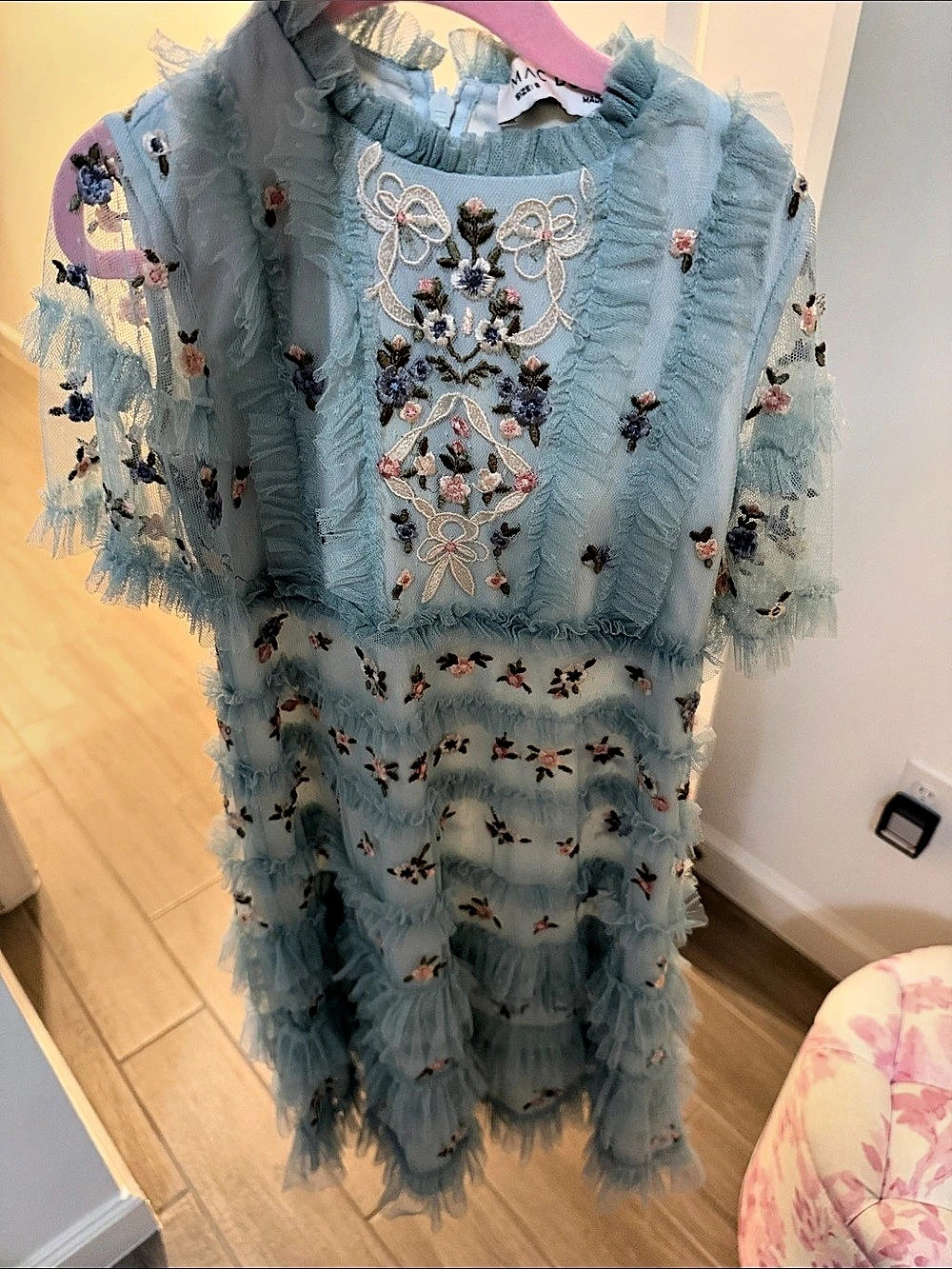 Mac Duggal Floral Embroidered Tulle Ruffle Midi Dress Mini Dress Blue Size 6
